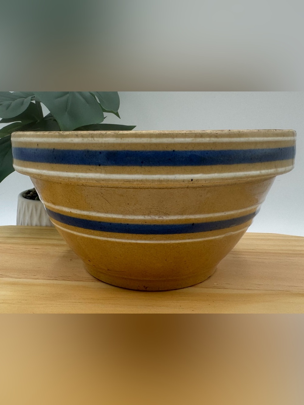 Beautiful vintage 1930’s Yellow ware Mixing Bowl with Blue Stripes